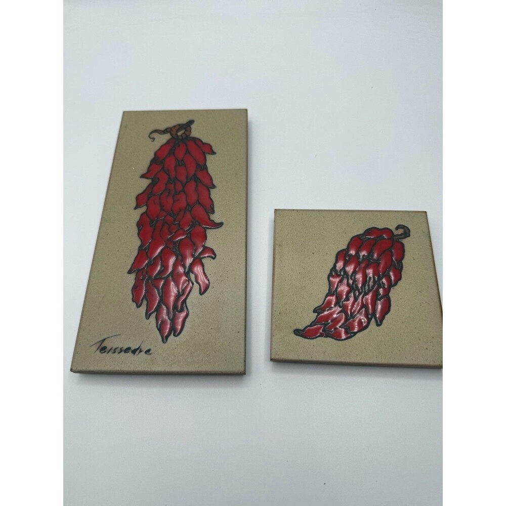 Vintage Cleo Teissedre Ceramic Chili Pepper Tile Trivet Wall Art Set Signed